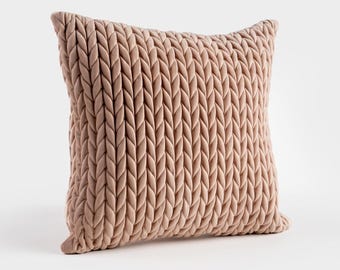 Housse de coussin en velours texturé tressé matelassé - Couleur beige abricot - Plusieurs tailles disponibles
