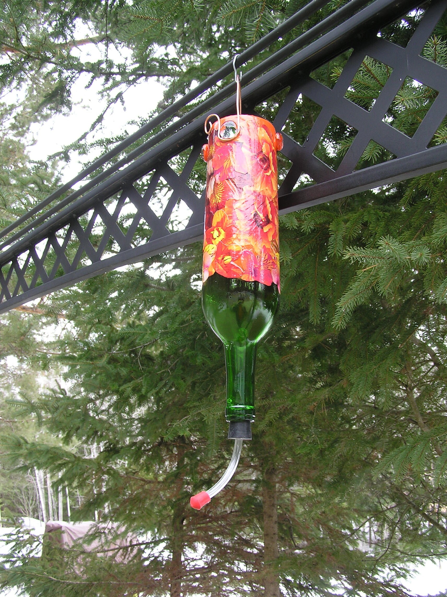 Flowered Hummingbird Feeder Wine Bottle Copper Hanger Etsy