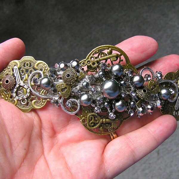 Boho Barrette, Steampunk Barrette, BLACK PEARL PIZZAZZ, Shabby Chic Barrette, Goth Barrette, Victorian Barrette, Hairpiece, Hair Jewelry