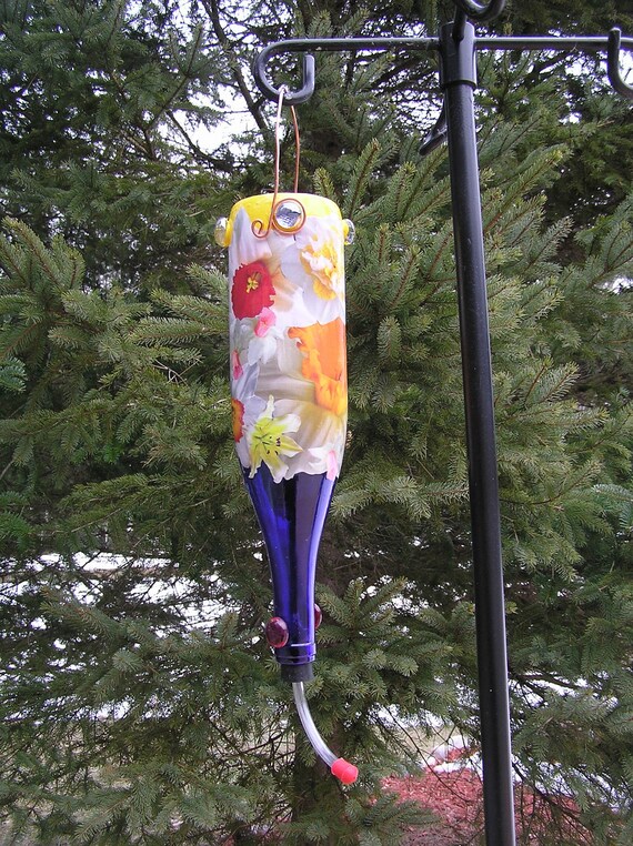 Flowered Hummingbird Feeder Wine Bottle Copper Hanger Etsy