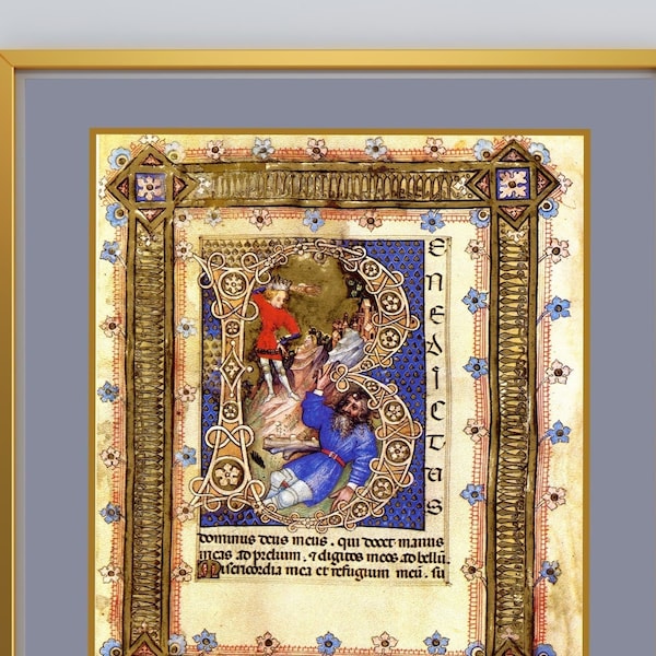 Psalm 143 David Goliath  Illuminated Manuscript Medieval Catholic Christian Religious Art Print, Initial B Baptism Birthday Graduation Gift