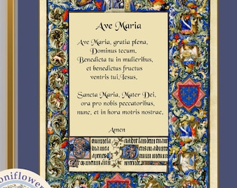 Ave Maria Latin Hail Mary Prayer Art Print: Medieval Catholic Wall Decor (Digital Download)