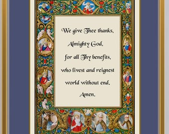 Grace After Meals Prayer Art: Medieval Catholic Print, Illuminated Manuscript Border (Digital Download)