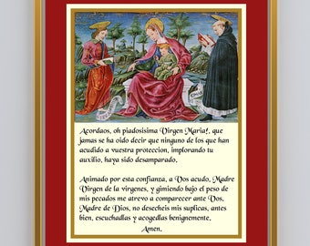 Digital Spanish Acordaos Memorare Prayer Medieval Image Mary Jesus Catholic Religious Art Print, Instant Digital Download, Last minute Gift