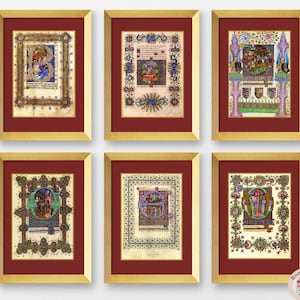 Set of 6 Old Testament Heros Reproduction Medieval Illuminated Manuscript  Bible Catholic Prints, Personalized Gift David Noah Joshua Moses