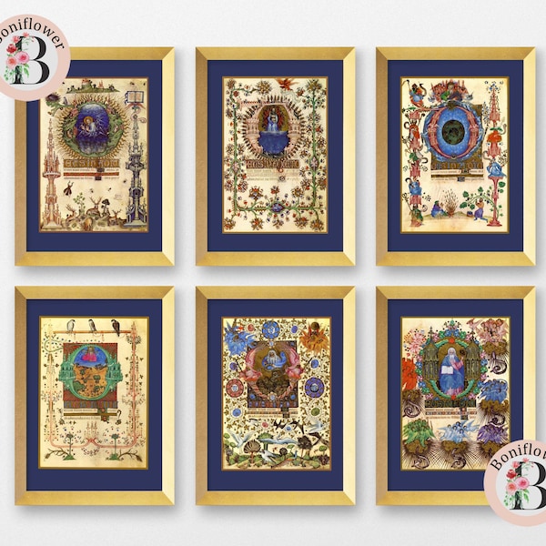 Six Creation Medieval Illuminated Manuscript Reproductions Set, Creation of Universe Waters Earth Sun Moon Stars Plants Birds God Resting.