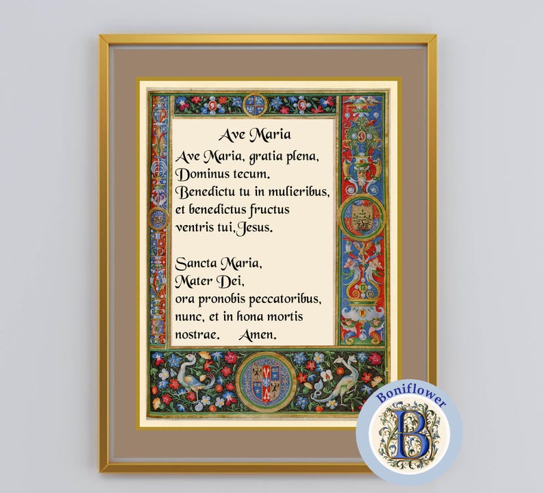Ave Maria Latin Hail Mary Prayer Art Print: Medieval Catholic Wall Decor (Digital Download) image 4