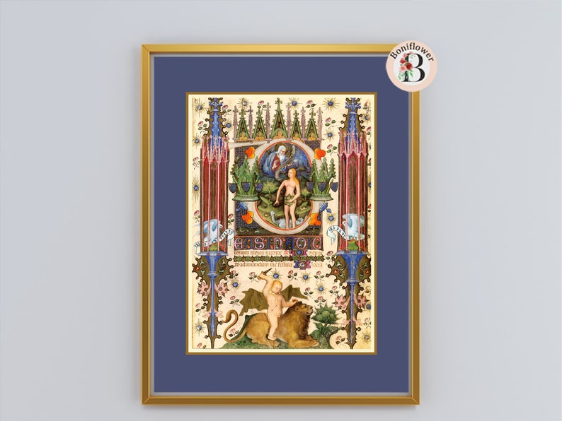 Eve Garden of Eden Illuminated Manuscript Reproduction Medieval Bible Catholic Christian Vintage Religious Art Print Gift Wall Art image 1