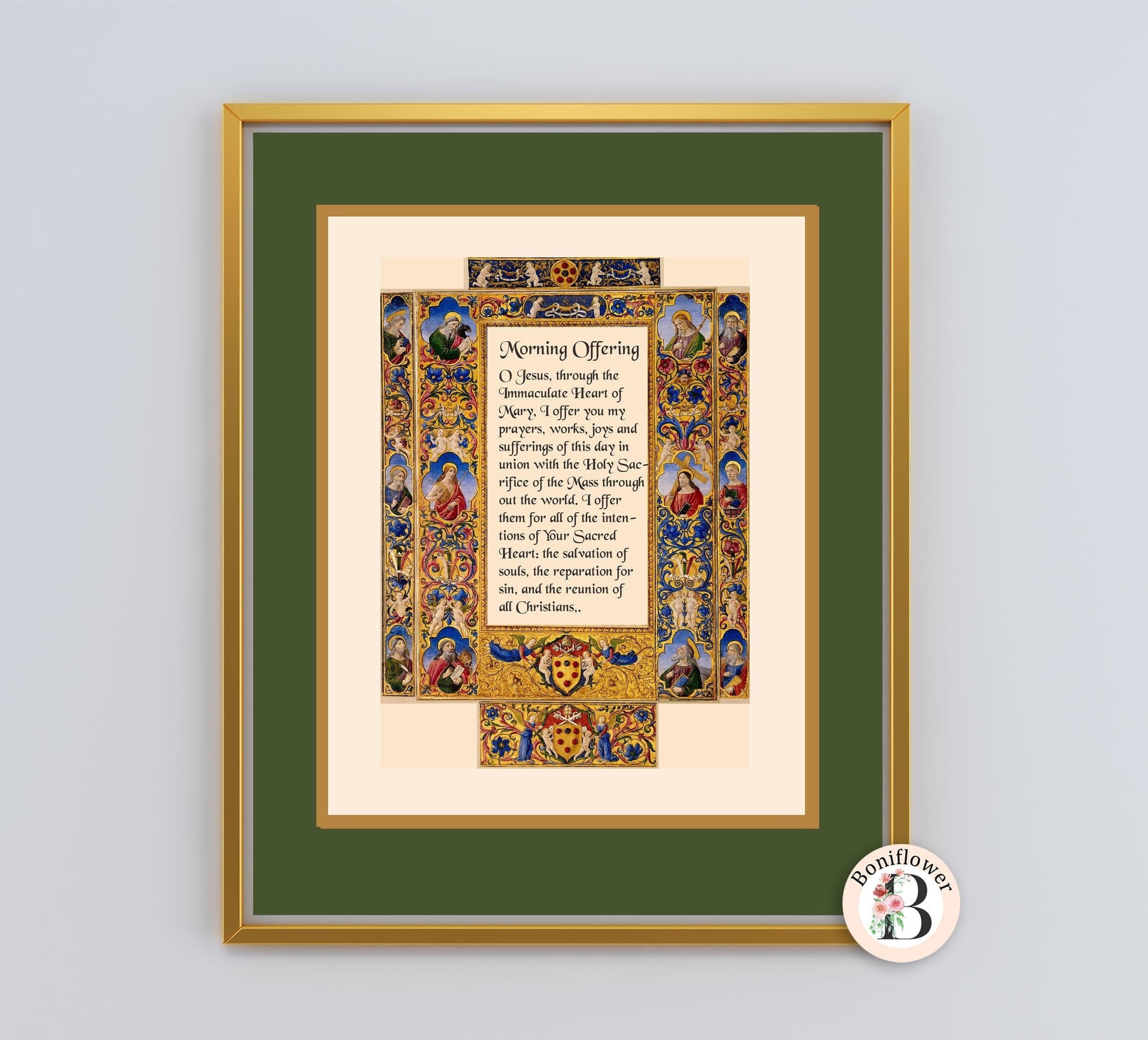 Morning Offering Prayer with Medieval Illuminated Manuscript Edge Catholic Religious Art Print, Instant Digital Download, Last Minute Gift