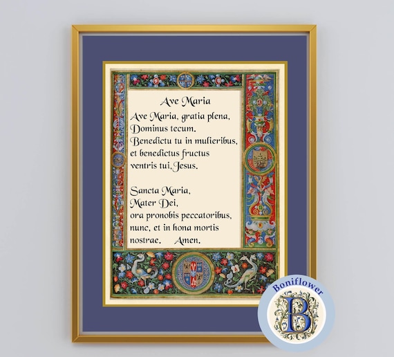 Ave Maria Latin Hail Mary Prayer Art Print: Medieval Catholic Wall Decor (Digital Download)