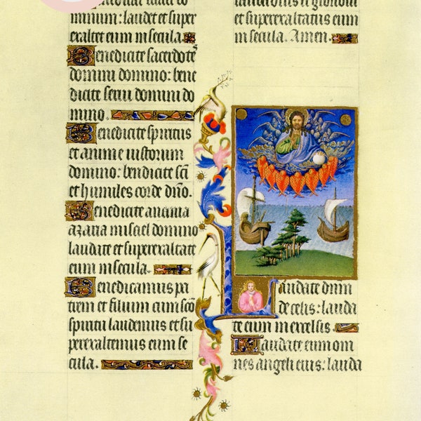 Psalm 148 Reproduction Medieval Illuminated Manuscript Bible Catholic Christian Vintage Religious Art Print, Gift David Davey Davida Lavinia