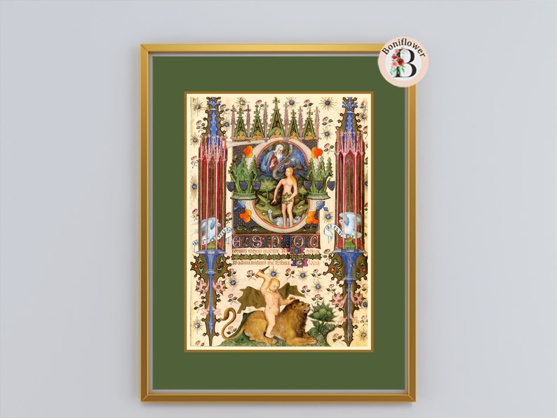 Eve Garden of Eden Illuminated Manuscript Reproduction Medieval Bible Catholic Christian Vintage Religious Art Print Gift Wall Art image 3