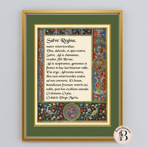 K&ouml;nnte beinhalten: Ein gerahmter Druck eines alten religi&ouml;sen Textes in lateinischer Sprache: "Salve Regina, mater misericordiae; Vita, dulcedo, et spes nostra, Salve. Ad te clamamus, exsules, filii Hevae. Ad te suspiramus, gementes et flentes in hac lacrimarum valle. Eia ergo, Advocata nostra, illos tuos misericordes oculos ad nos converte. Et lesum, benedictum fructum ventris tui, nobis, post hoc exsilium ostende. O clemens; O pia; O dulcis Virgo Maria."