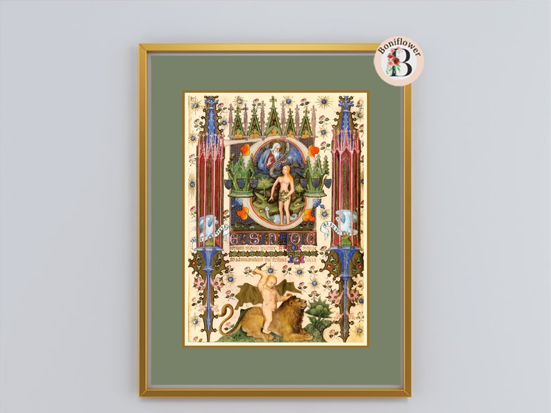 Eve Garden of Eden Illuminated Manuscript Reproduction Medieval Bible Catholic Christian Vintage Religious Art Print Gift Wall Art image 5