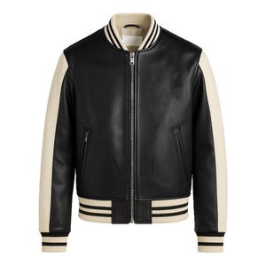 Giacca da college in pelle bianca e nera fatta a mano per uomo, giacca bomber da college in pelle retrò, giacca bomber da college in pelle, regali