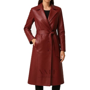 Handgefertigter roter Ledermantel für Damen, roter Leder-Trenchcoat, Herbstmodemantel, leichter Mantel, Wintermantel, Geschenke für Sie