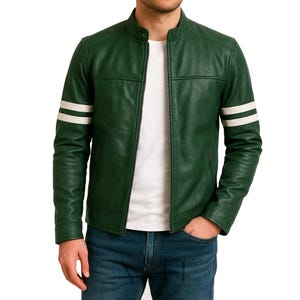Handmade Men&#39;s Motorcycle Style Green Leather Jacket With White Stripes, Real Leather jacket, Green Biker Jacket For Men, Halloween Jacket