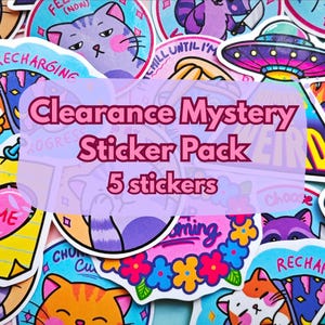 May include: A selection of vibrant stickers featuring cartoon cats, raccoons, and a UFO. The stickers display phrases like "Recharging" and "Me + Me". The image includes a banner that reads "Clearance Mystery Sticker Pack 5 stickers".