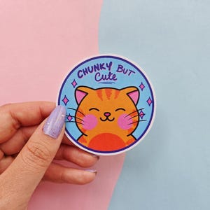 Chunky Cat Aufkleber - "Chunky But Cute" lächelnde Katze Vinyl Aufkleber, Body Positive Katzenliebhaber Geschenk, süße Katze Aufkleber für Laptop oder Journal