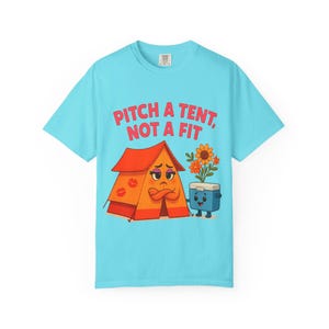 Pitch Perfect Camping: Humorous Cartoon Illustration, Anthropomorphic Camping Gear Design Comfort Colors Cotton T-Shirt