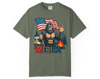 Patriotic Sasquatch Bigfoot America RV Life Camping Comfort Colors Cotton T-Shirt