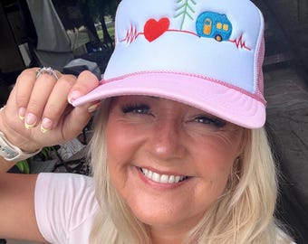 Embroidered Heartbeat of the Campground Foam Trucker Hat, Camping Hat, Outdoor Cap, RV Lover Gift, Nature-themed Hat