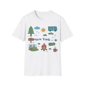 Campamento Nueva York: Íconos ilustrados de aventuras al aire libre, vibrantes escenas de campamento con dibujos animados