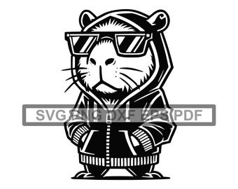 May include: A black and white illustration of a cartoon rodent wearing a hooded sweatshirt and sunglasses. The rodent has a serious expression on its face.