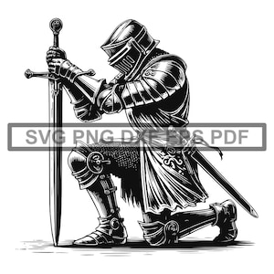 May include: A black and white illustration of a knight kneeling in prayer with his sword held upright in front of him.