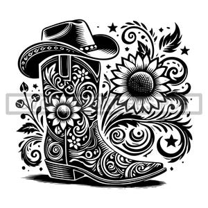 May include: Black and white illustration of a cowboy boot with a floral design. The boot is decorated with sunflowers and other floral elements. A cowboy hat sits on top of the boot.