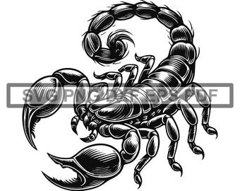 May include: Black and white illustration of a scorpion with a curved tail and large pincers. The scorpion is detailed with shading and lines, giving it a textured appearance. The image is a vector graphic.