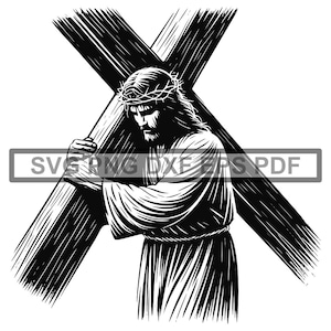 以下が含まれることがあります： 木製の十字架を担いでいる男性の白黒のイラスト。彼は茨の冠と長いローブを着ています。この画像は、十字架を担いで処刑に向かうイエス・キリストを描いています。