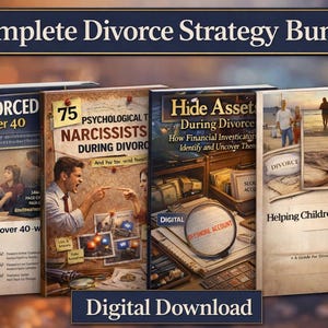 May include: A collection of four books with titles related to divorce, including "Divorced Over 40" and "Hide Asset During Divorce." The books have images of people and text, with the words "Digital Download" at the bottom.