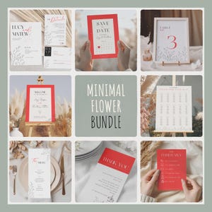 Puede incluir: Una colección de papelería de boda con un diseño floral minimalista. Incluye invitaciones, tarjetas de guardar la fecha, números de mesa, menús, planos de asientos y tarjetas de agradecimiento. La combinación de colores es principalmente roja y blanca.