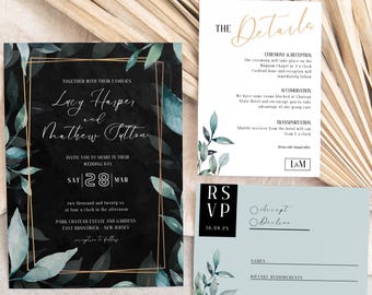 Green Botanical Wedding Invitation Suite | Modern Nature Canva Templates | Black & Green Eclectic Floral Design | Editable Digital Download