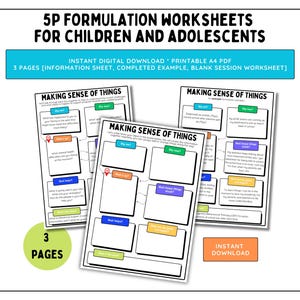 Może przedstawiać: Cyfrowe pobieranie arkuszy roboczych 5P Formulation dla dzieci i młodzieży. Arkusze robocze zawierają arkusz informacyjny, wypełniony przykład i pusty arkusz sesji. Tytuł "Making Sense of Things" jest wyświetlany.