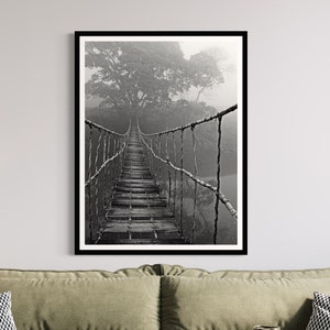 Jungle Journey BW Photograph: Vietnam Rope Bridge Canvas Art