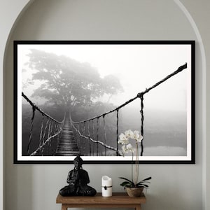 Black and White Rope Bridge Print: Zen Jungle Art