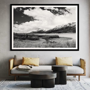 landscape art print Fine Art photography black and white photography modern contemporary art, Black and white Teton Mountains metal print