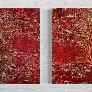 Pair of paintings art wall decor mixed media  abstract acrylic large modern art eclectic wall art, contemporary red magenta fine  gallery