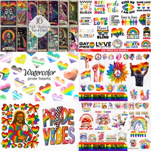 May include: A collection of LGBTQ+ themed digital art and graphics. Includes tarot cards, watercolor hearts, rainbow designs, and text like "Pride Vibes" and "Love is Love." The image features various PNG files and SVG bundles.