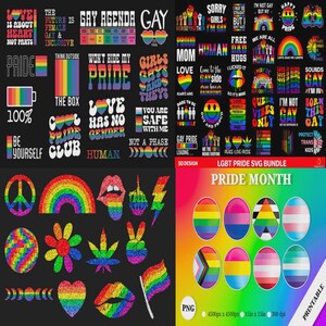May include: A digital art bundle featuring various Pride-themed designs. The collection includes text-based graphics with phrases like "Gay Agenda" and "Love Has No Gender," along with rainbow-colored illustrations of lips, flags, and other symbols. The bundle is labeled "LGBT Pride SVG Bundle" and "Pride Month."