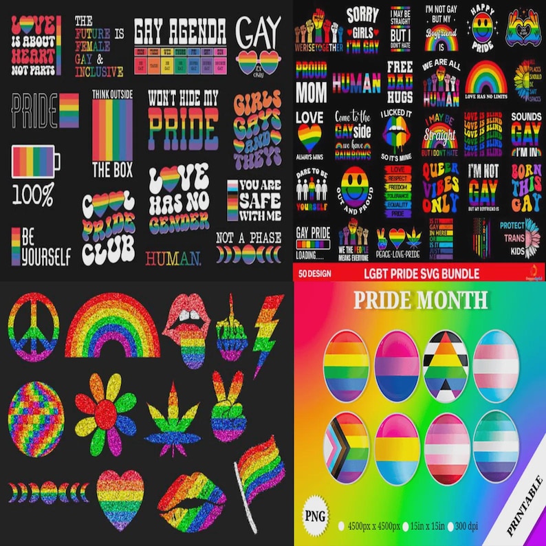 May include: A digital art bundle featuring various Pride-themed designs. The collection includes text-based graphics with phrases like "Gay Agenda" and "Love Has No Gender," along with rainbow-colored illustrations of lips, flags, and other symbols. The bundle is labeled "LGBT Pride SVG Bundle" and "Pride Month."