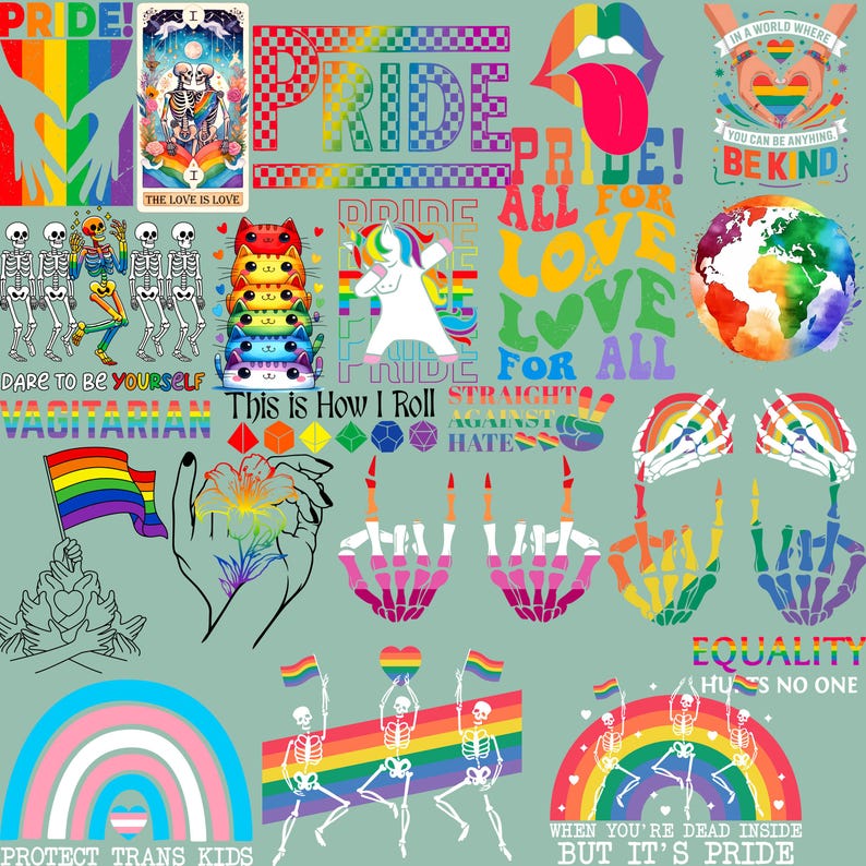 May include: A collection of colorful Pride-themed graphics and text on a light green background. The designs include rainbow flags, skeletons, a unicorn, and the words "Pride," "Love," and "Equality."