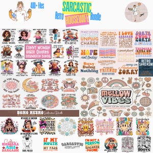 May include: A digital download bundle of 400+ retro-style sublimation designs featuring funny quotes, sayings, and illustrations. The designs are perfect for creating t-shirts, mugs, tote bags, and other personalized items. The designs feature a variety of colors, including pink, blue, green, and yellow.