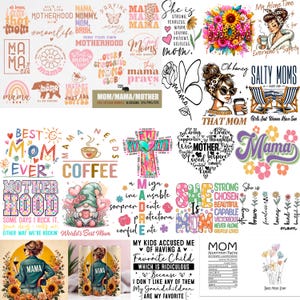 Puede incluir: Una colecci&oacute;n de dise&ntilde;os digitales con el tema de la maternidad. Los dise&ntilde;os incluyen la palabra "Mama" en varias fuentes y estilos, junto con otras frases y gr&aacute;ficos relacionados con las madres y la familia.