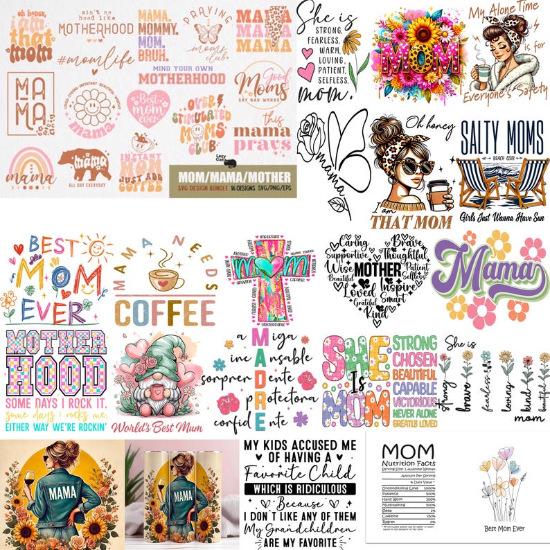 Puede incluir: Una colecci&oacute;n de dise&ntilde;os digitales con el tema de la maternidad. Los dise&ntilde;os incluyen la palabra "Mama" en varias fuentes y estilos, junto con otras frases y gr&aacute;ficos relacionados con las madres y la familia.