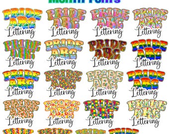 May include: A collection of 20 Pride Month fonts with rainbow, patterned, and text designs. The fonts include the words "PRIDE ABC" and "Lettering" in various styles and colors, perfect for LGBTQ+ themed projects.