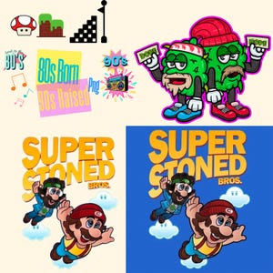 May include: A digital illustration of two green cartoon characters wearing red hats and holding money with the word "Dope" on it. The characters are standing on a pink background with the text "Super Stoned Bros."