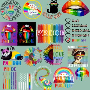 May include: A collection of colorful Pride-themed graphics. Includes a rainbow-colored mouth, a black cat with rainbow sunglasses, a panda with a rainbow flag, and text that says "Pride", "Be You", and "Ally Cat".